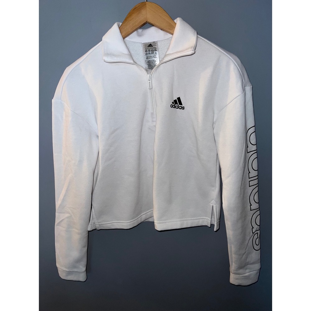 Adidas Womens White Cropped Quarter Zip Sweatshirt Sleeve Graphic XS